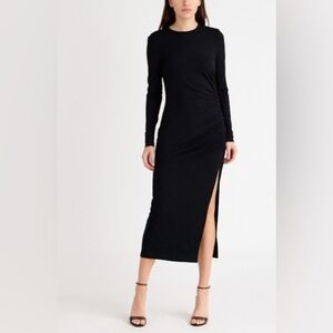 NWT Open Edit Ruched Long Sleeve Midi Dress Black Stretch Slit Leg Sz L